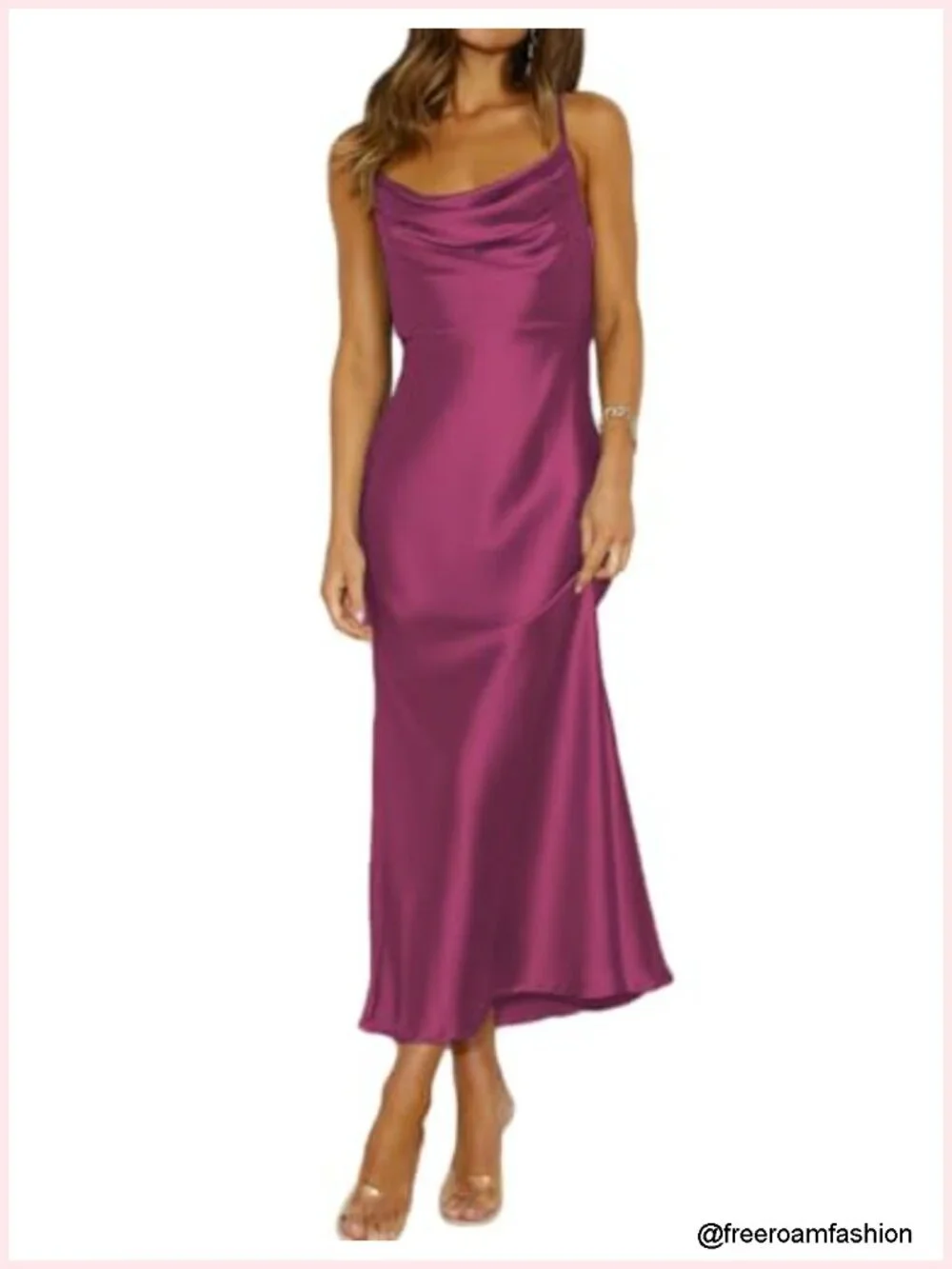Satin Spaghetti Strap Cowl Neck Backless Midi Dress Ruched Cocktail Dress